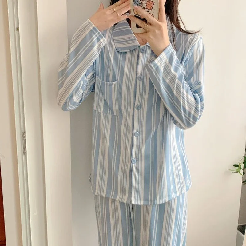 QWEEK Women Loungewear Two Piece Set Summer Autumn Pajamas Blue and White Stripes Pijamas Simple Style Cute Pyjamas Sleepwear