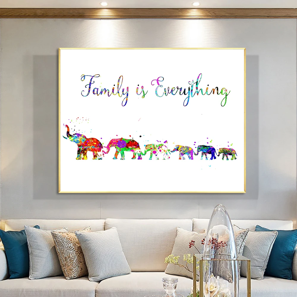 

Elephant Family Watercolor Painting Modern Wall Art Canvas Print Nature Poster Vibrant Animal Picture for Living Room Home Decor