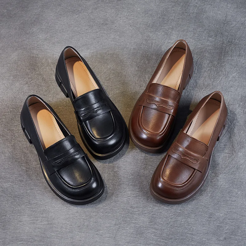 

2022 New Spring Genuine Leather Women Shoes Casual Slip-On Loafers Round Toe Platform Shoes Shoes Woman Single Flats