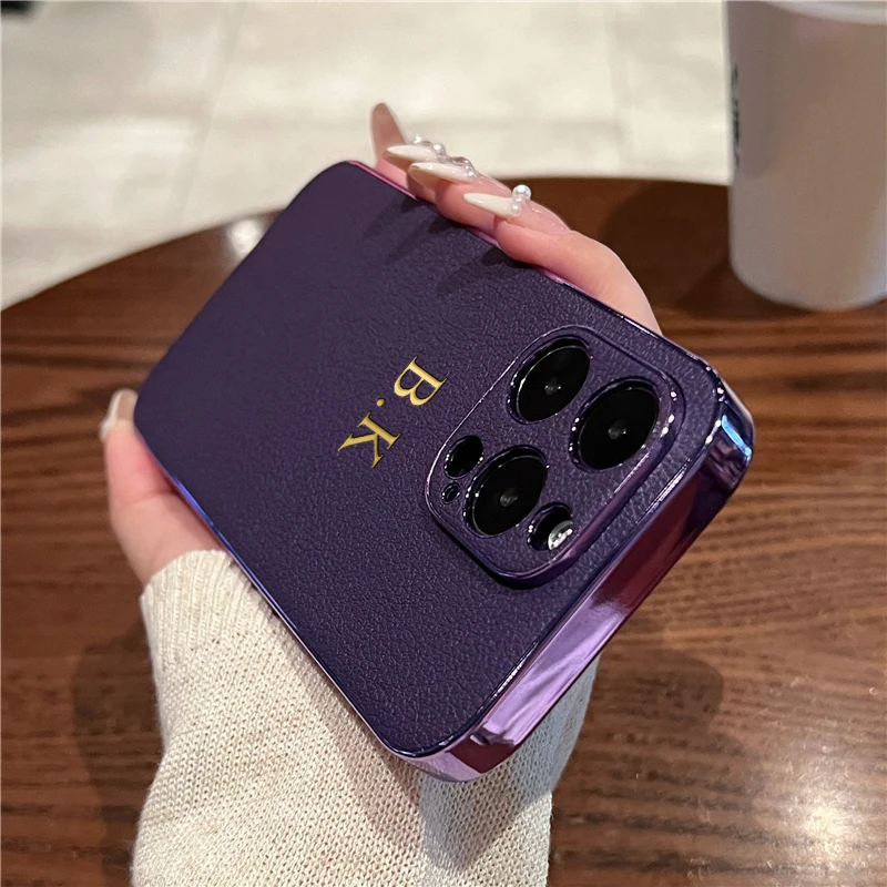 Luxury Lambskin Leather Plating Case For iPhone 14 13 12 11 Pro Max Personalised Customized Name Initial Letters Cover 14 Pro