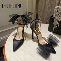 niufuni summer pointed toe silk stiletto buckle womens sandals high heels sexy mesh bow solid color simple pumps woman shoes