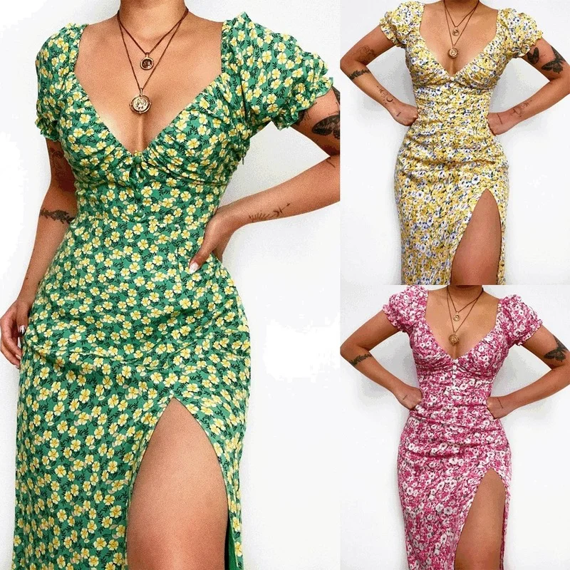 

Elegant Fashion Summer Women Dress Flower Print Short Sleeve Dress 2022 New Sexy Slim Casual V-Neck High Waist A-line Midi Dress