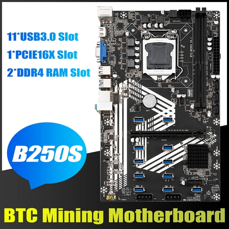 

B250S BTC Mining Motherboard LGA1151 11XUSB3.0+1XPCIE 16X Slot DDR4 SATA 3.0 USB3.0 for ETH Miner Motherboard