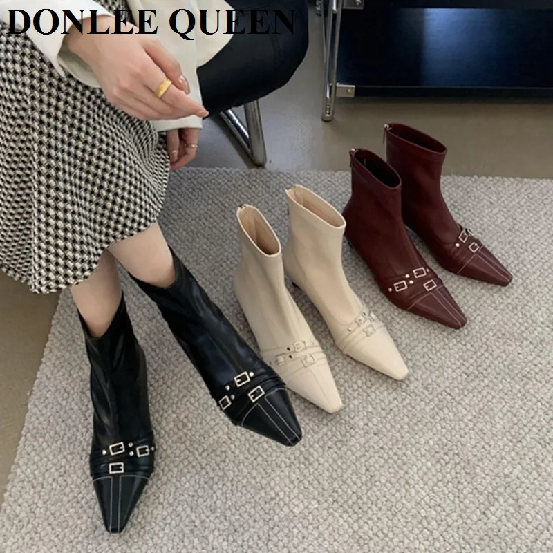 

Женские ботильоны на среднем каблуке, с острым носком и молнией сзади