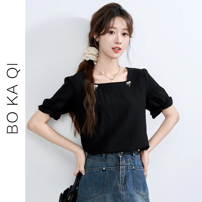 Qikaqi Новинка лета 2024 женская шифоновая рубашка с открытой шеей и квадратным