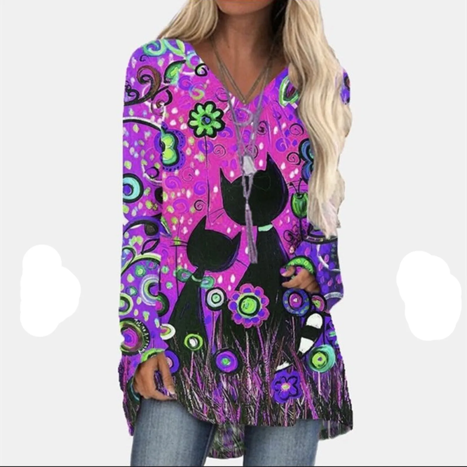

Women's Fashion Casual Cat Print V Neck Long Sleeve Loose T Shirt Tops
