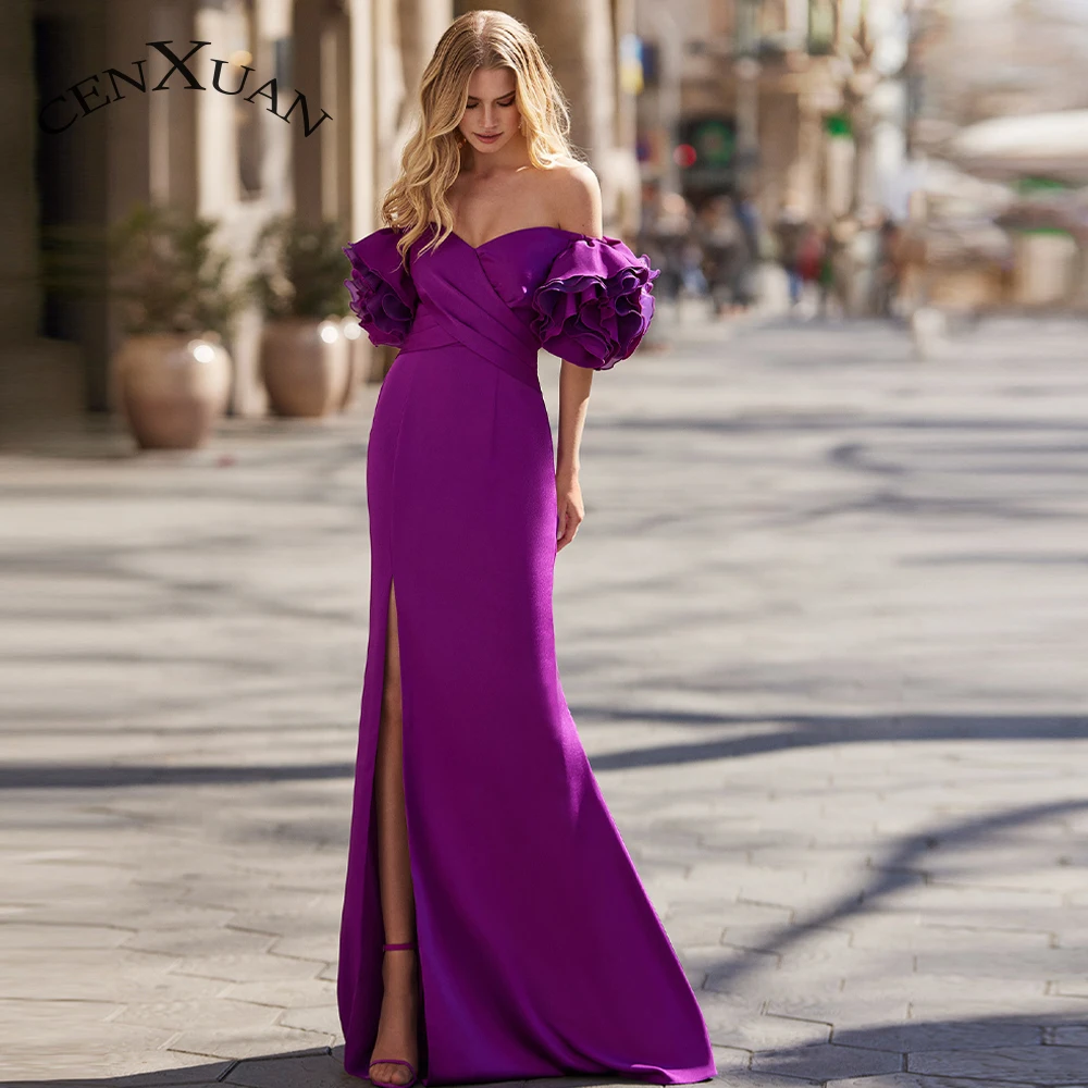 

Cenxuan Satin Off The Shoulder Backless Side Slit Pleat Button Luxury Celebrity Gown Evening Dress Made To Order Abendkleider