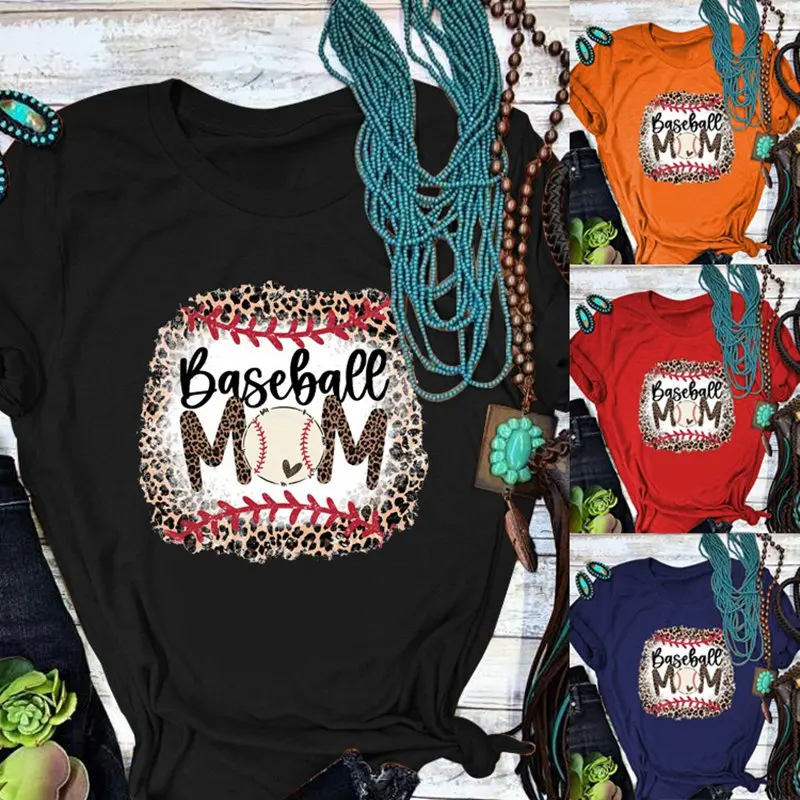 

Summer new fashion baseball mom short sleeve casual women's retro print round collar shirt shirt shirt