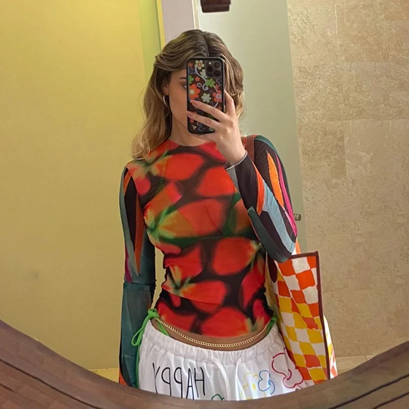 

Summer New Mesh Printing Two Piece Set Slim Fit Long Sleeve Top Lace Up Casual Shorts Set Perspective Mesh 2 Pieces Set