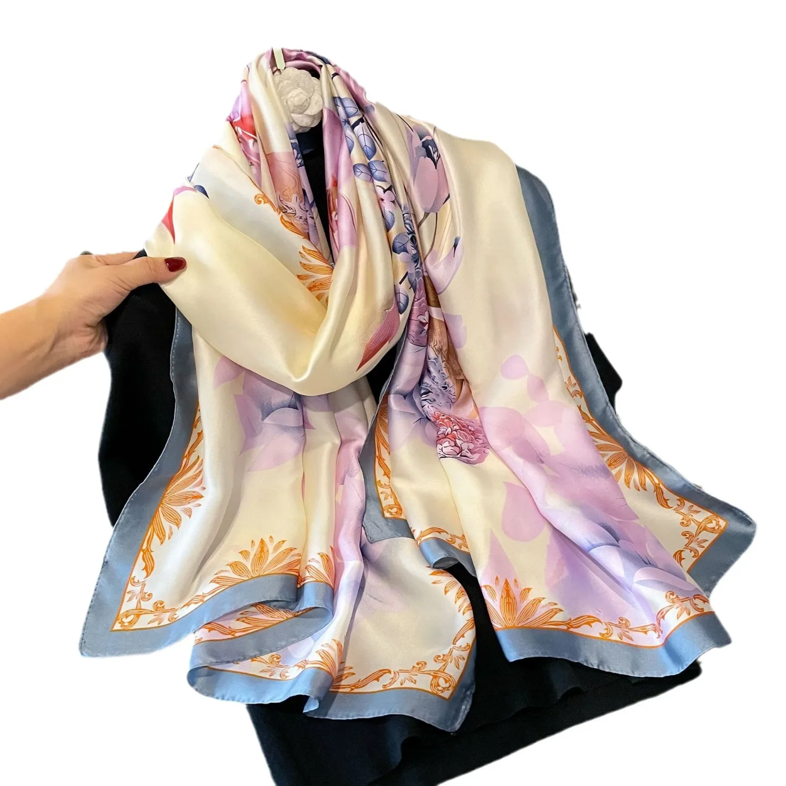 Новый элегантный шелковый шарф в китайском стиле с лавандовым принтом шаль из