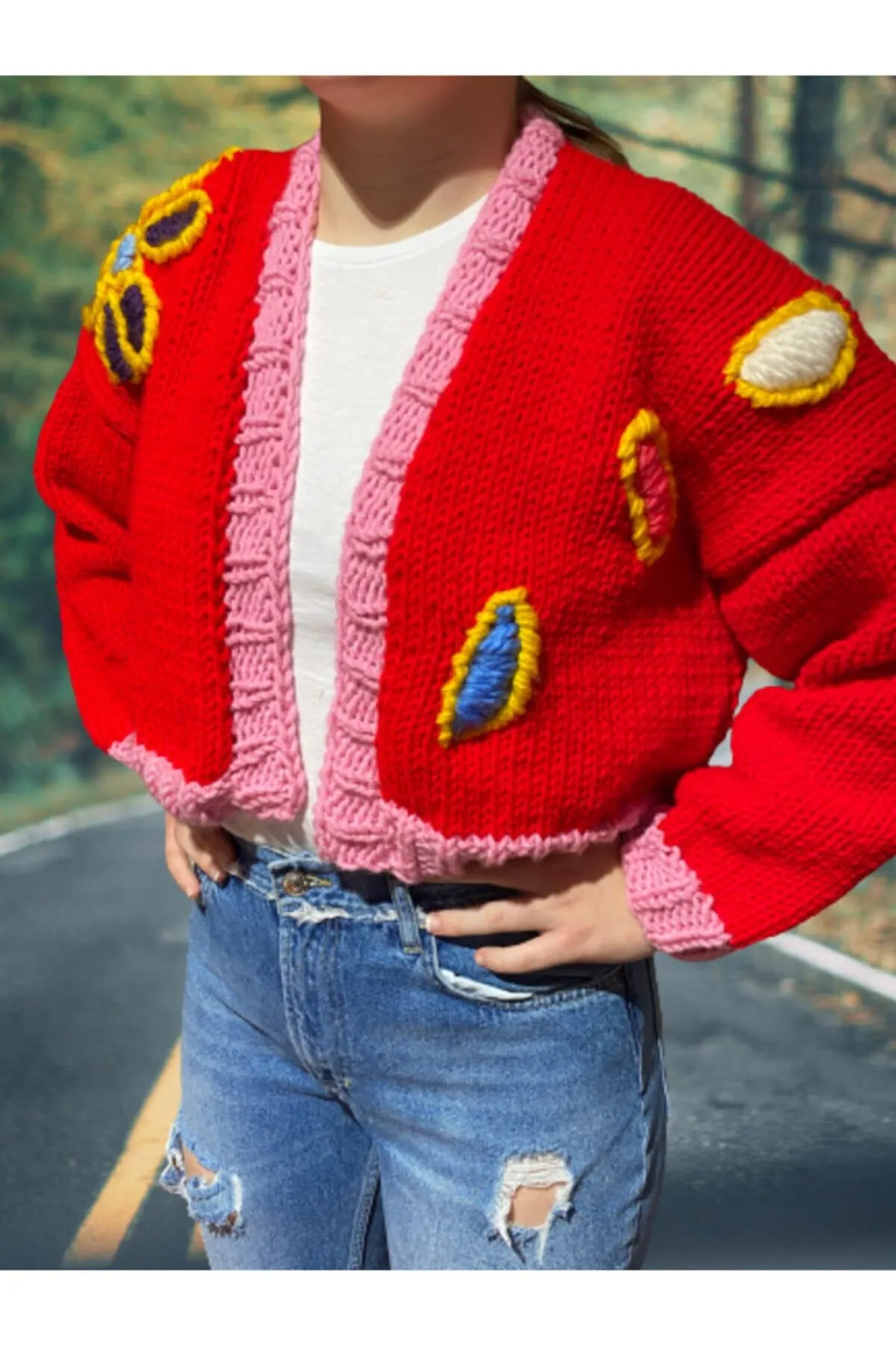 

Women's Cardigan Red Giant Floral Casual Knitted Quality Fashion Cardigan Sweaters Loose Sweater Jumper