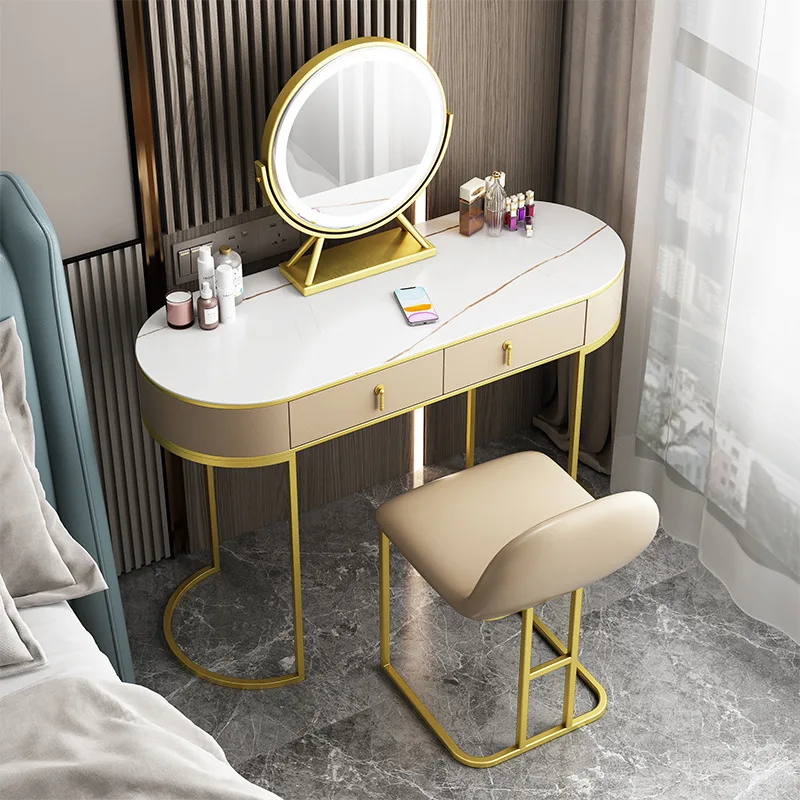 

All solid wood light luxury dressing table, bedroom, modern and simple rock panel leather dressing table, designer's creative mi
