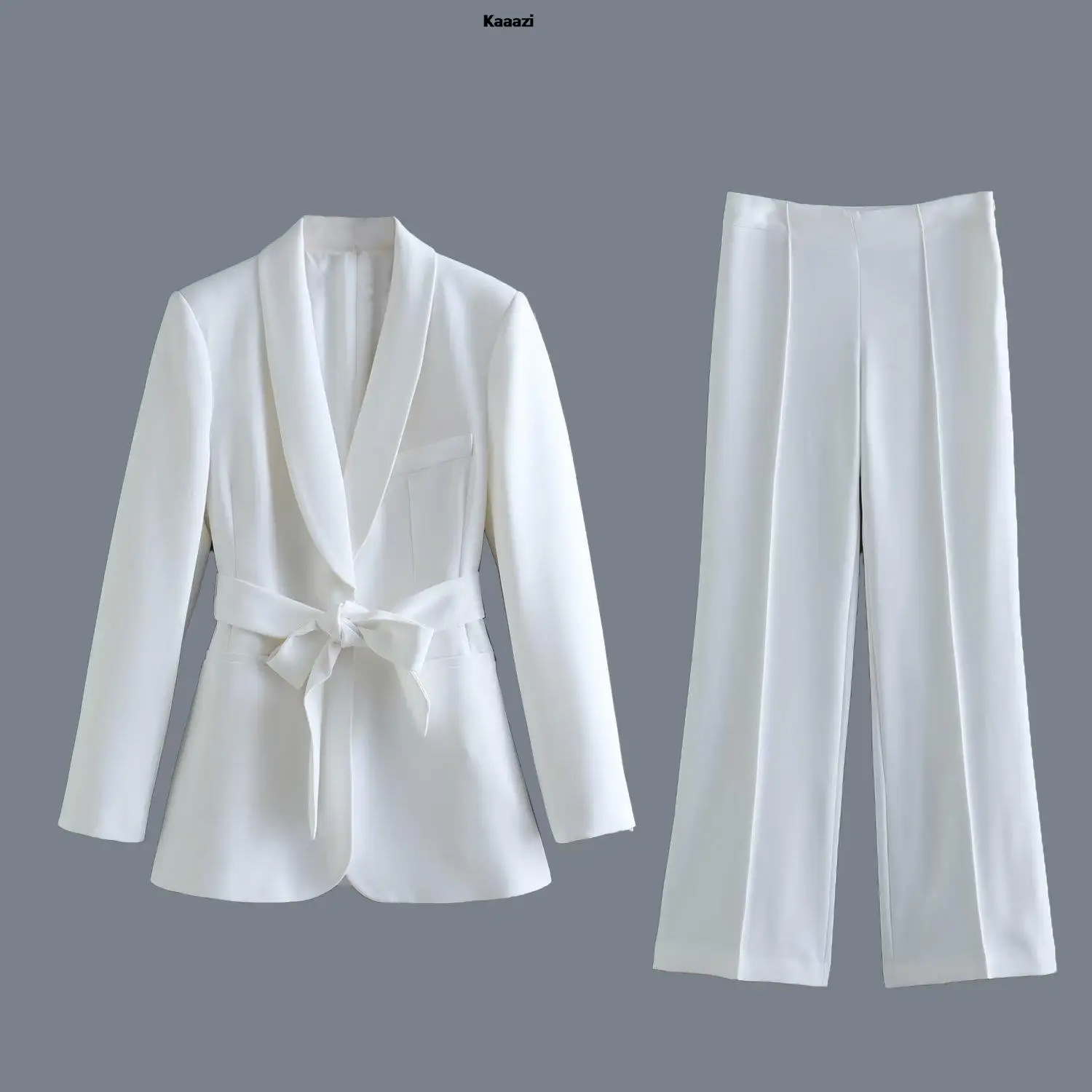 KAAAZI Office Lady White Blazer Suits Women Long Sleeve V Neck Sashes Blazer+High Waist Wide Leg Long Pants Fashion 2023 Sets