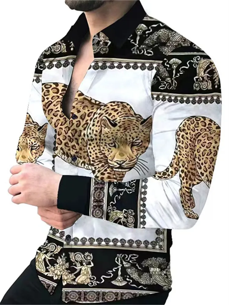 

New Luxury Social Men Shirts Turn-down Collar Buttoned Shirt Casual Leopard Print Long Sleeve Tops Men's Clothing Prom Cardigan
