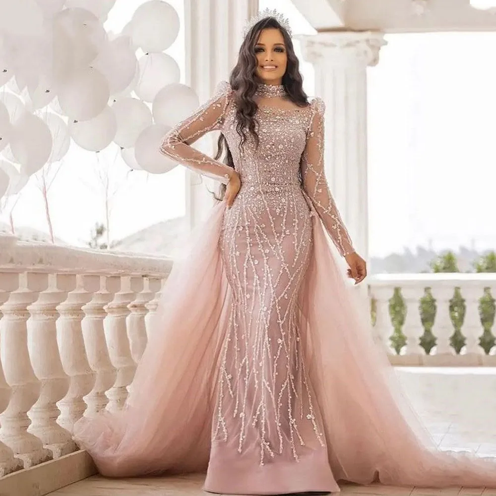 

High Quality Luxury With Overskirt Evening Dresses Long Sleeve Lace Beaded Crystal Muslim Women Dress Mermaid Prom Party Gowns