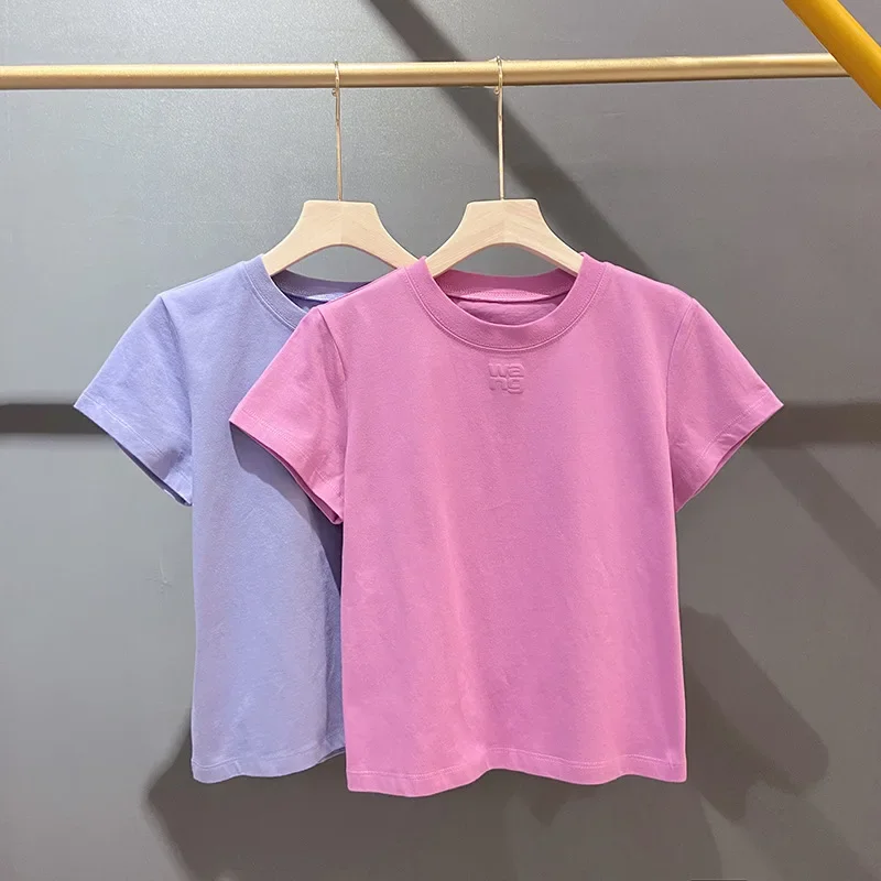 

2024 Wang Summer personality round neck solid color blouse letter print short sleeve cotton slimming T-shirt woman