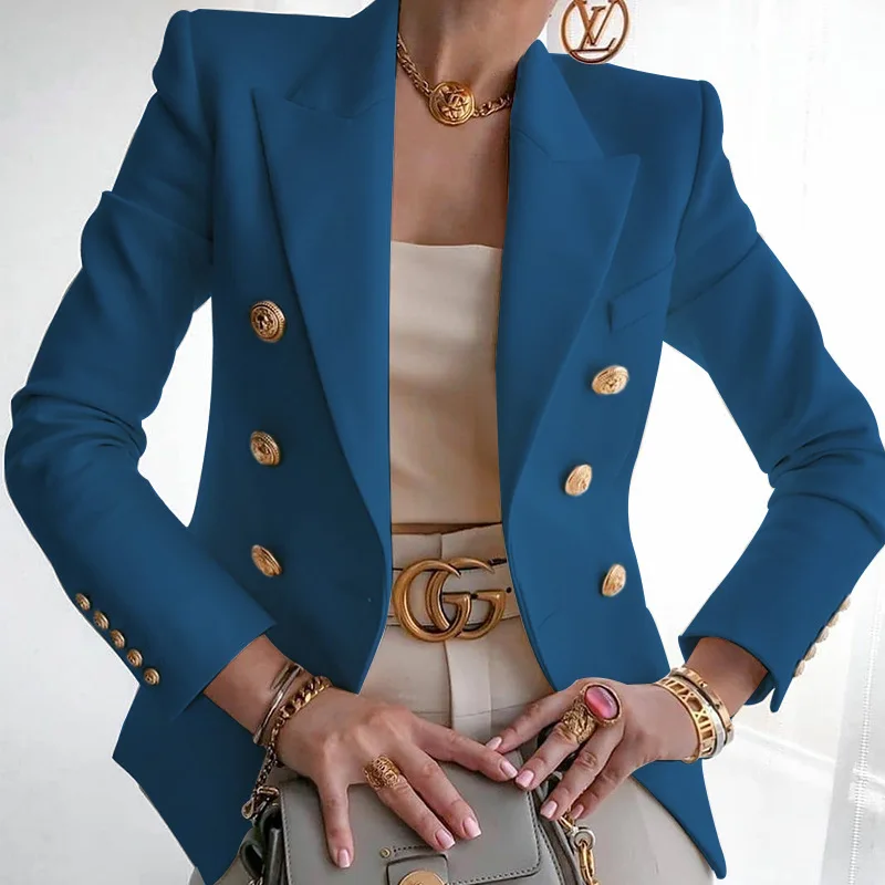 

SeigurHry Women 2022 Slim Elegant Blazers with Pockets Work Office Jacket Fitting Metal Lion Buttons Double Breasted Coats Femme