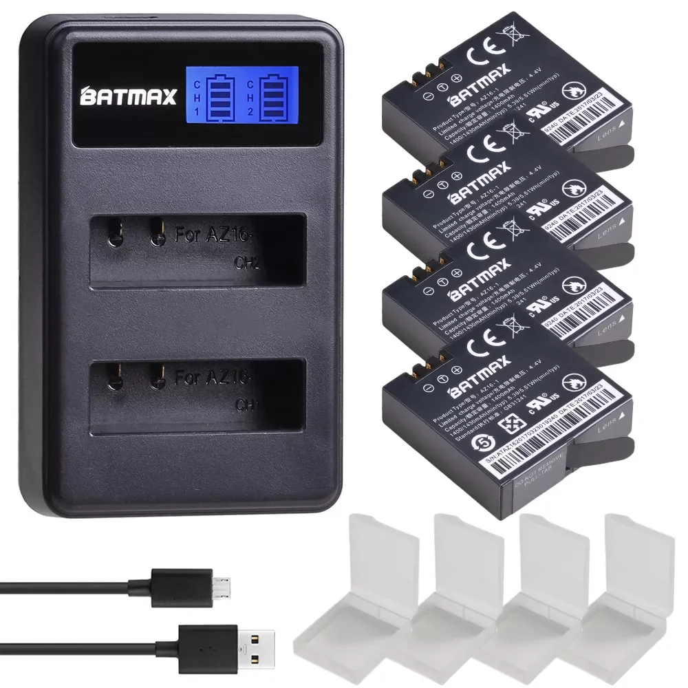 

4Pcs 1400mAh 3.85V Battery AZ16-1 + LCD USB Dual Charger for Xiaomi Yi 2 4K Original Xiao Mi Yi Lite Action Cameras