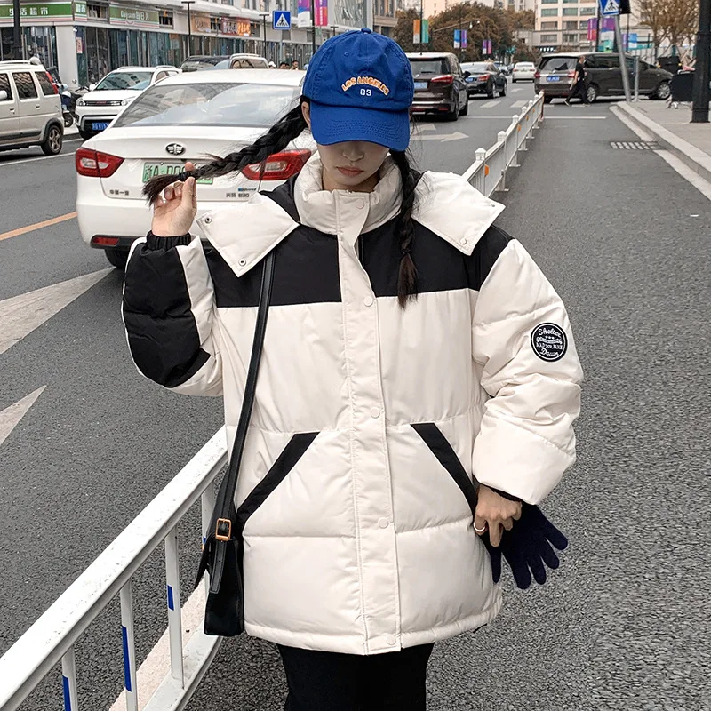 

22022 Winter New Korean Version Hit Color Belt Label Padded Jacket Women's Quilted Jacket Hooded Padded Jacket Bread Jacket
