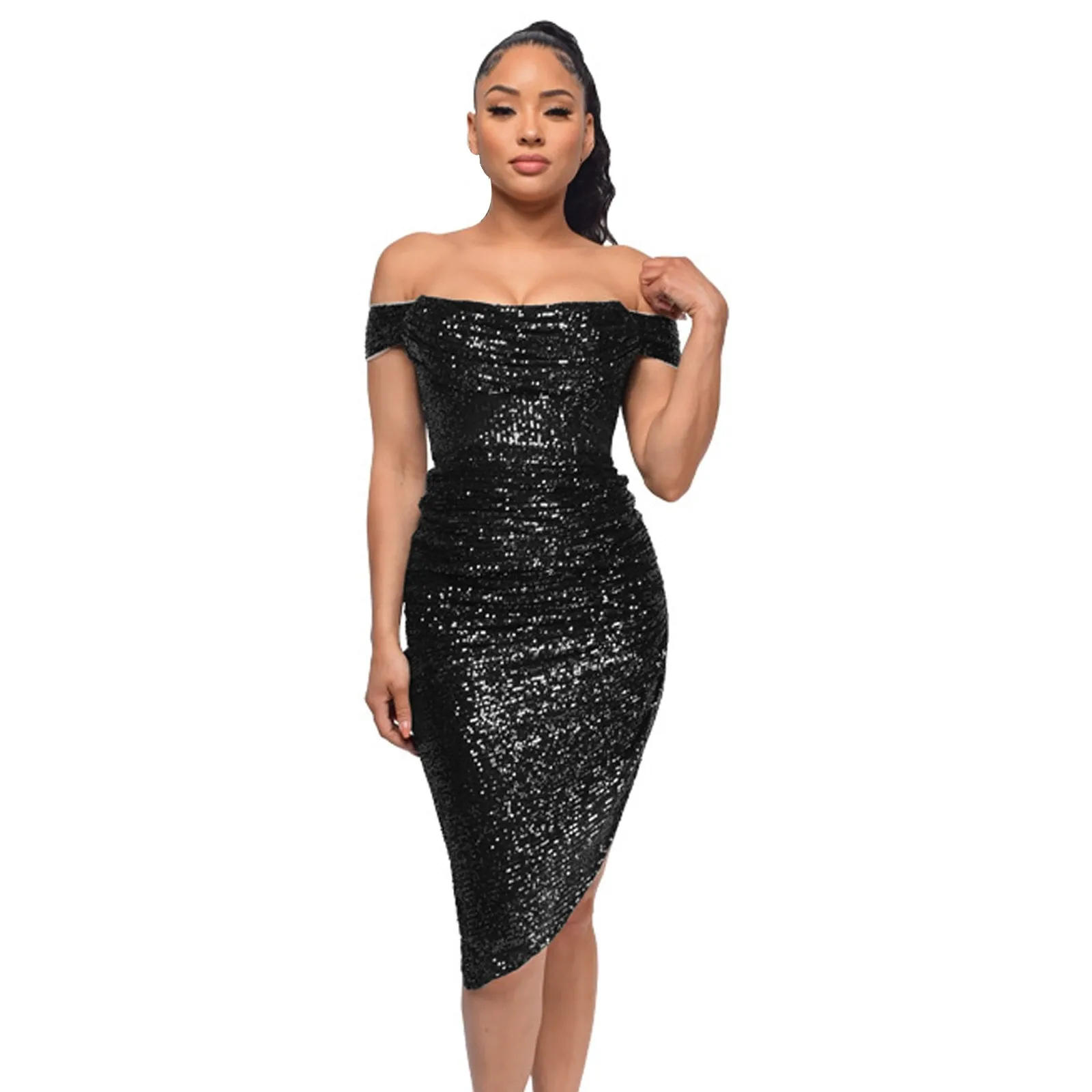 Осенние свадебные платья для гостей женщин сексуальное блестящее платье миди с