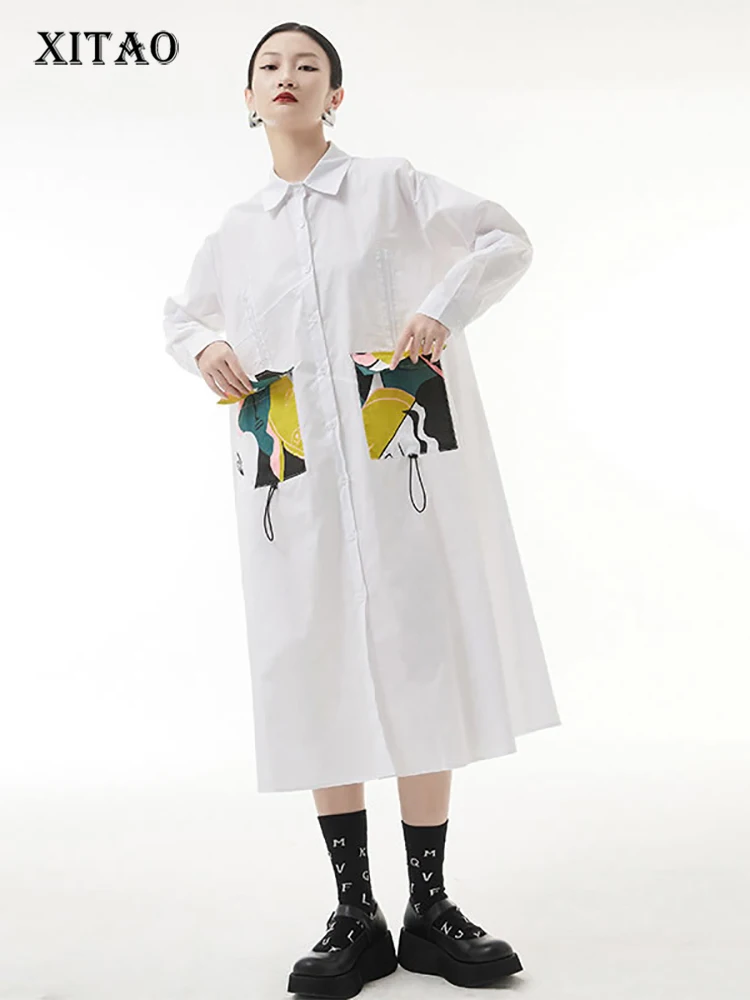 

XITAO женское модное платье с одним нагрудным карманом Goddess 2022, весеннее элегантное Свободное платье с длинным рукавом, WMD4852