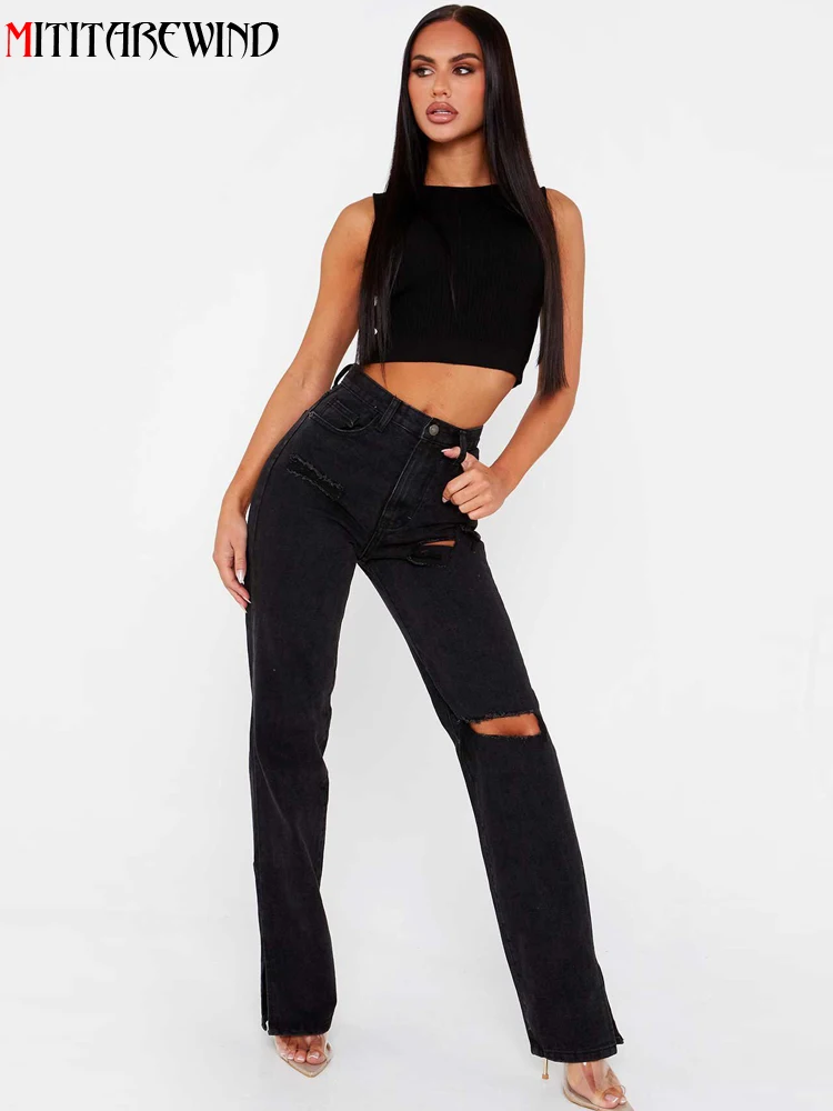 

High Waisted Denim Trousers Women Casual Streetwear Hole Ripped Jeans Women Straight Wide Leg Pants Slit Drape Mopping Pants