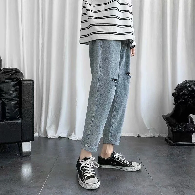 Summer Blue Ripped Jeans Men's Fashion Casual Straight Jeans Men Streetwear Loose Hip Hop Hole Denim Pants Mens Trousers S-3XL