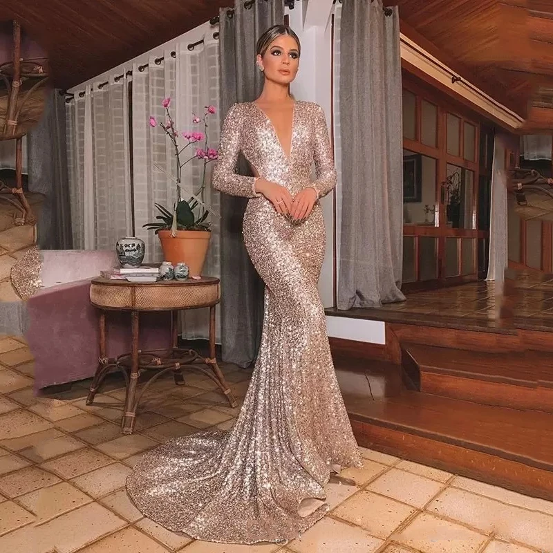 

Gold Evening Dress Long Shinny 2023 New Open Neck Women Elegant Straps Sequin Mermaid Maxi Prom Party Gown Abendkleider Robe De