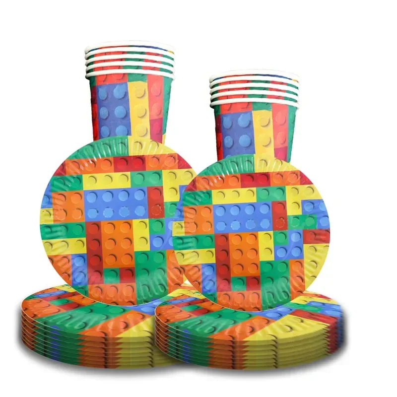 

10Guests Colorful Block Theme Birthday Party Disposable Tableware Block Puzzle Plate Cup Napkin Kids Happy Birthday Party Decor