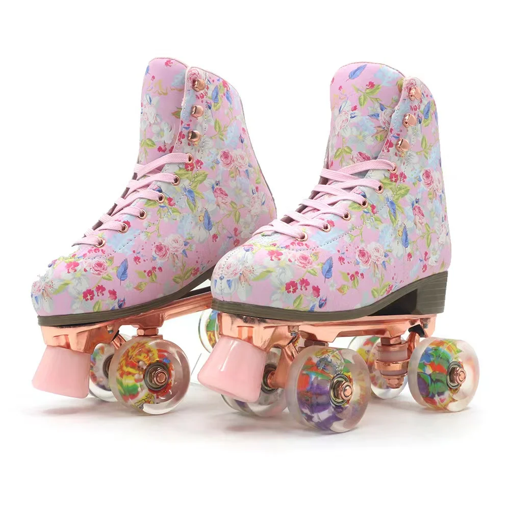 High Quality Adult Pink 4 Wheels PU Roller Skates Shoes Patines Slinding Quad Training Sneakers Anti-skid and Wear-resistant