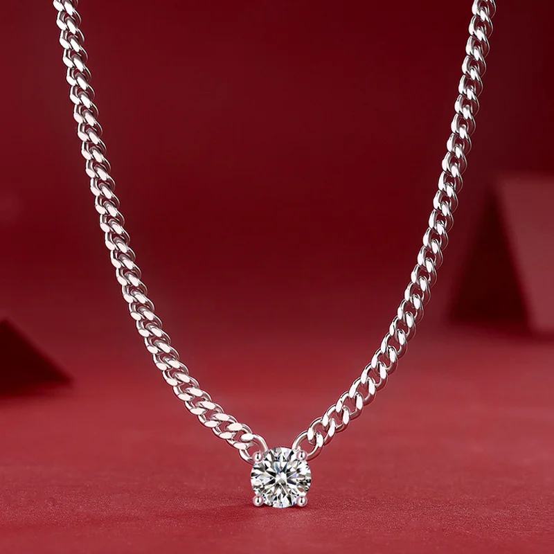 FASIFAN S925 Серебряное кубинское ожерелье с муассанитом посеребренное белое золото