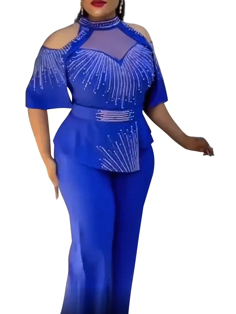 

Plus Size Women 2 Piece Sets Hollow Short Sleeve Diamond Tops Outfits 2022 Summer Fashion Solid Elegant Office Lady Pant Suits