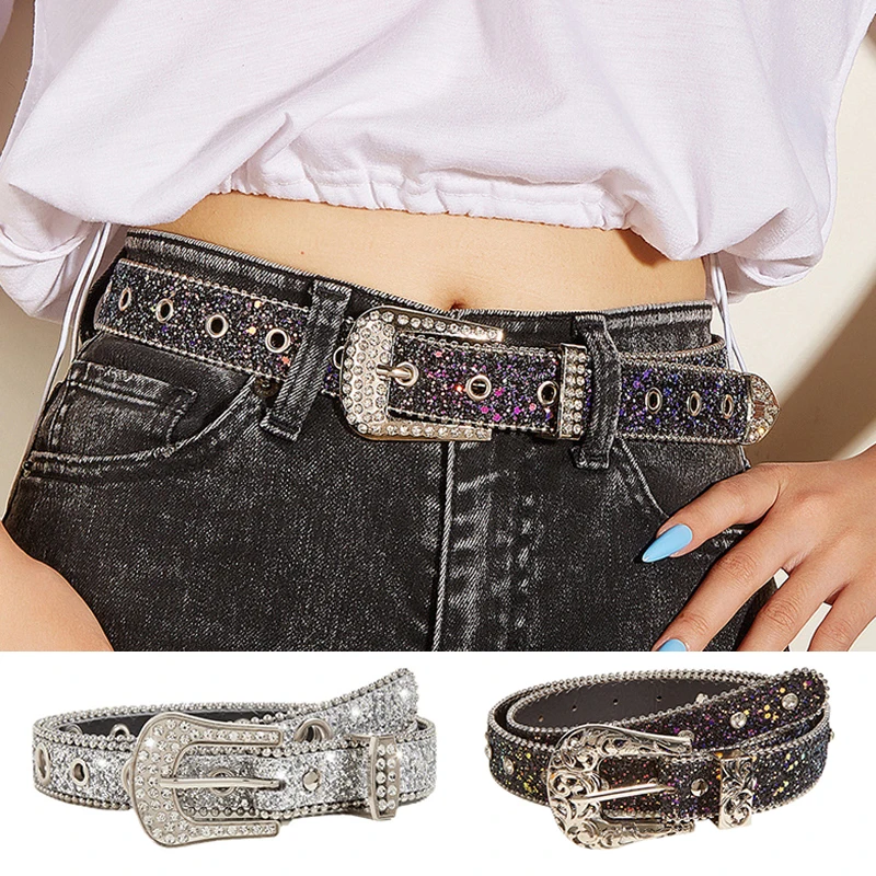 

Women Rhinestone PU Leather Shinning Waist Belt Metal Pin Buckle Sequin Rhinestone Inlay Waistband Bling Diamond Eyelet Belt