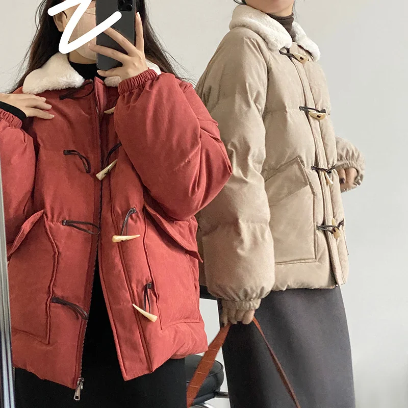 

Winter Women's Suede Cow Hide Button Wool Collar Cotton Padded Jacket Loose Warm Coat