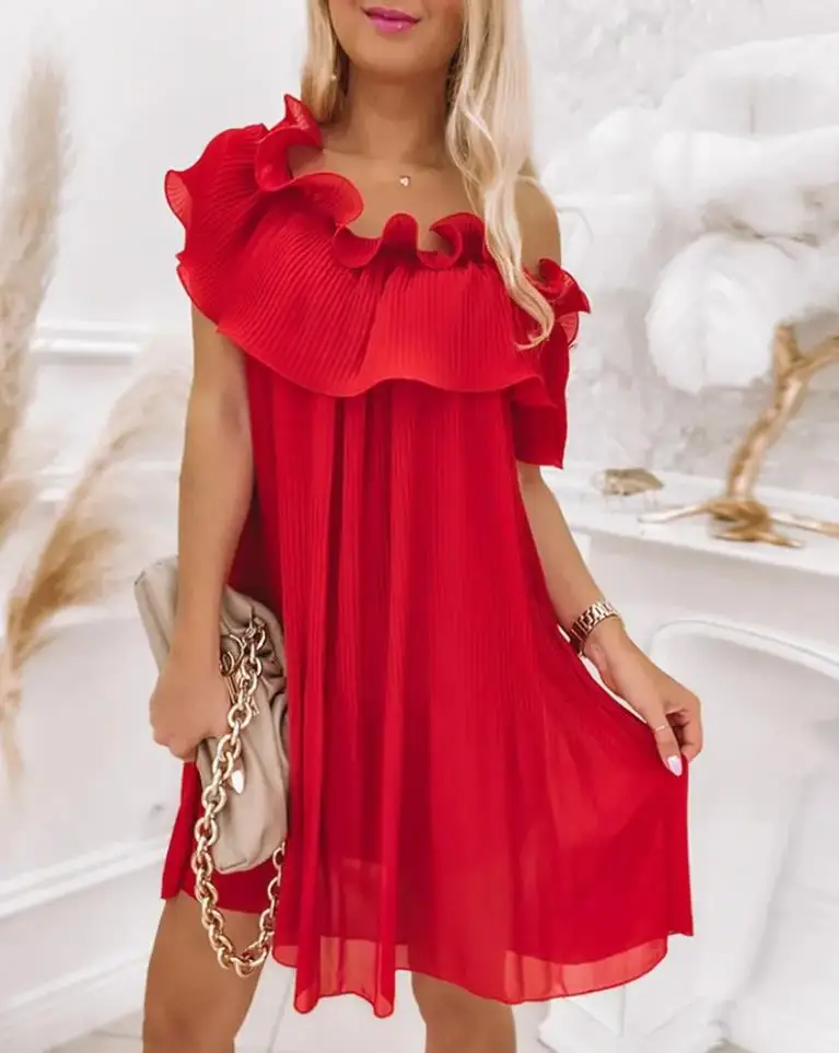 

2022 Newf Ashion Women's Dresses Cold Shoulder Ruched Ruffles Swing Dress Casual Female Dress