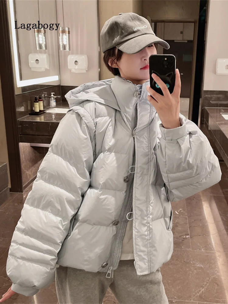 2022 Women Detachable Puffer Jacket Vest Winter Korean Style Solid Oversized Female White Duck Down Coat Hooded Parka