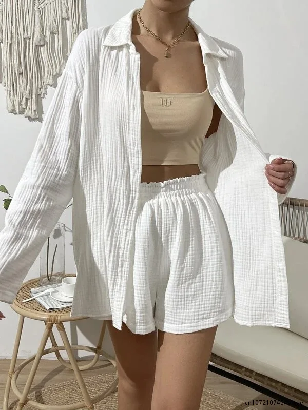 

2 Pcs Shorts Set Sleepwear Cotton Pajamas for Women Turn-Down Collar Sleep Tops Suits with Shorts Gauze Cardigan Homewear Summer
