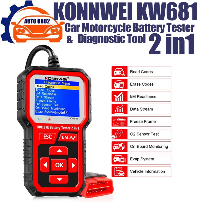 KONNWEI KW681 Car Motorcycle Battery Tester&Auto OBD2 Scanner 2in1  Car Battery Tester OBDII Diagnostic Tool