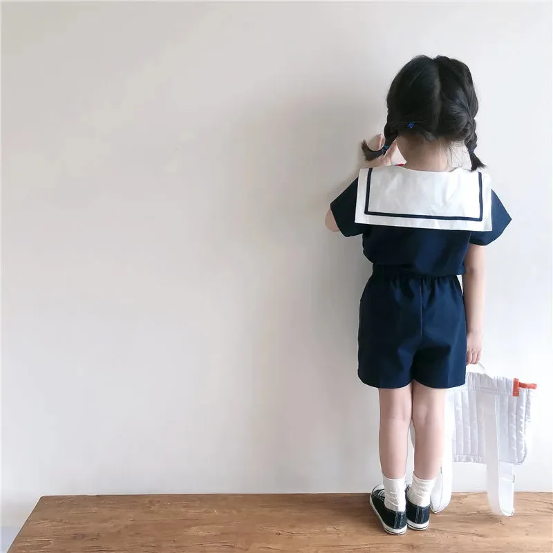 Freely Move Japanese Korean Kids Sailor Collar Cotton Linen Bowknot T Shirt+Short Pants 2pcs Summer Clothes Set Boys Girls Suit