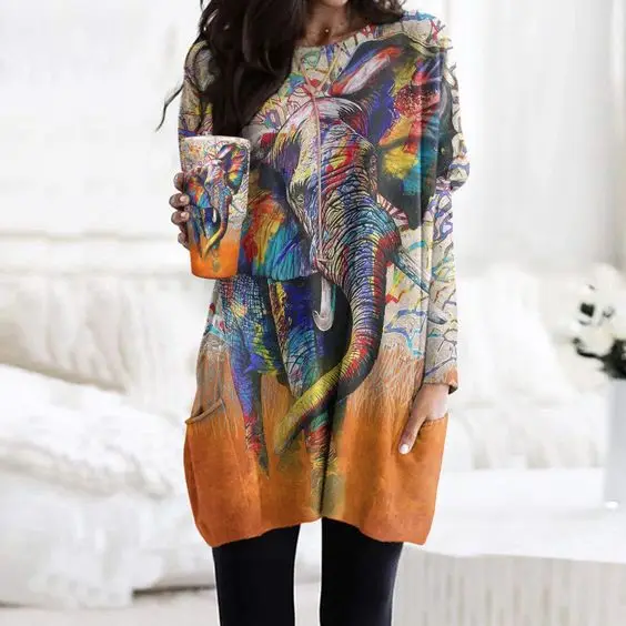 

Женская длинная футболка с цифровым 3D принтом, яркий свитер с круглым вырезом, Y2K Топ, Осень-зима 2023