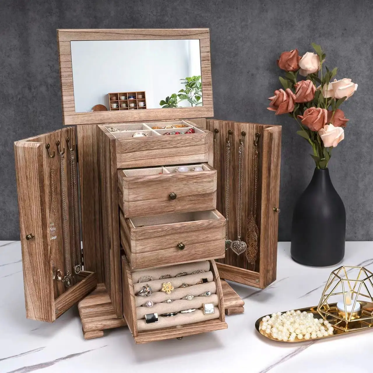 Christmas Exquisite Gifts Clever Organiser Rustic Wooden Jewellery Box with Mirror for Rings, Earrings, Necklaces, Bracelets Etc