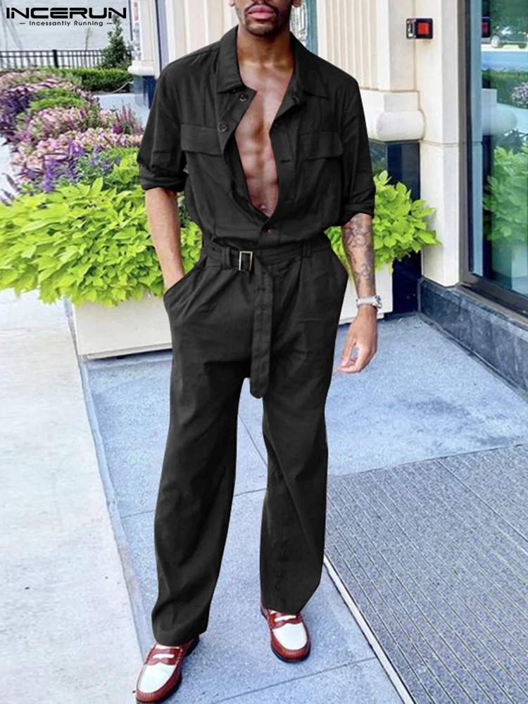 

INCERUN Tops 2022 American Style New Men's Workwear Solid Simple Rompers Casual Streetwear All-match Long-sleeved Jumpsuit S-5XL