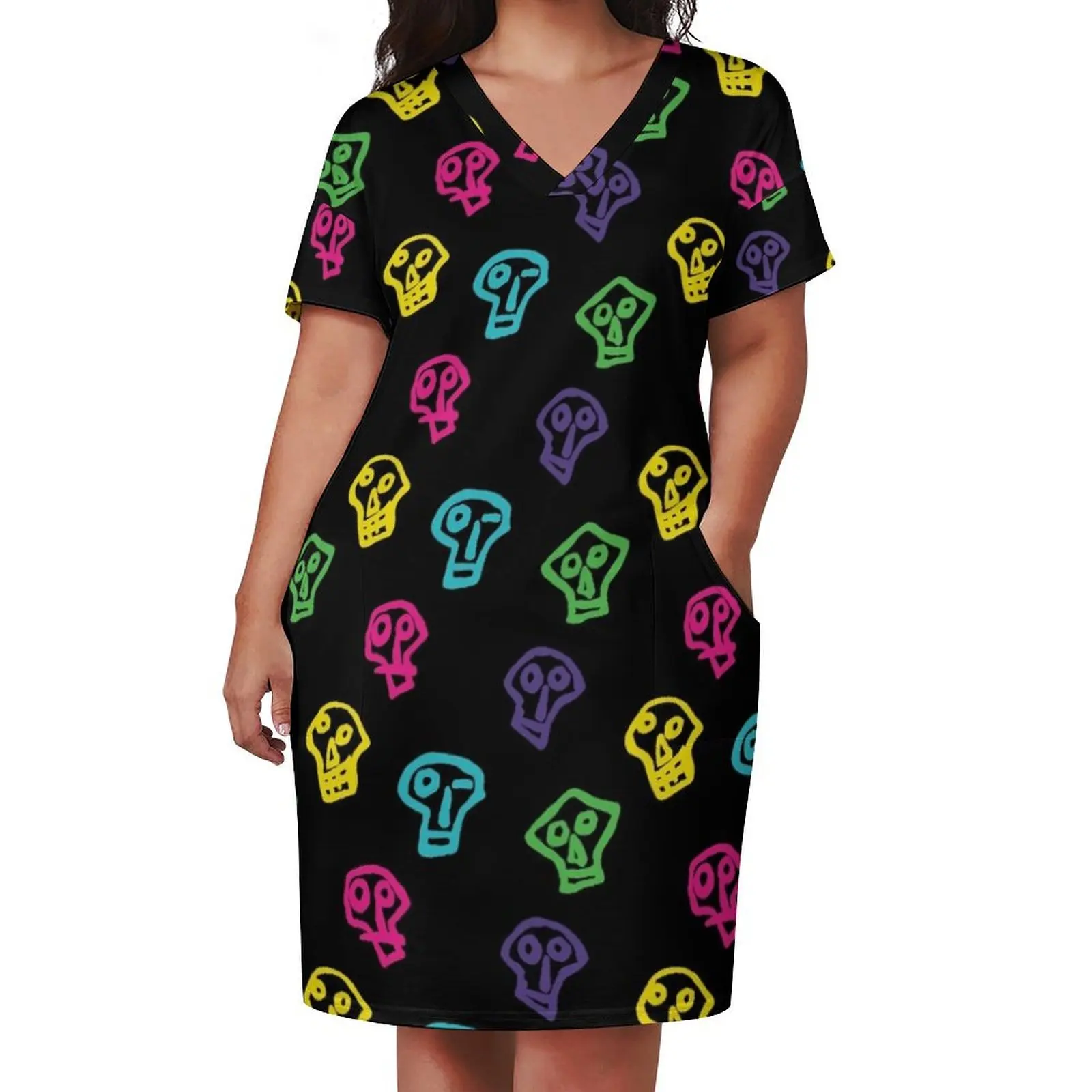 Могучие бош-черепа с узором красочное свободное платье карманами летнее женское