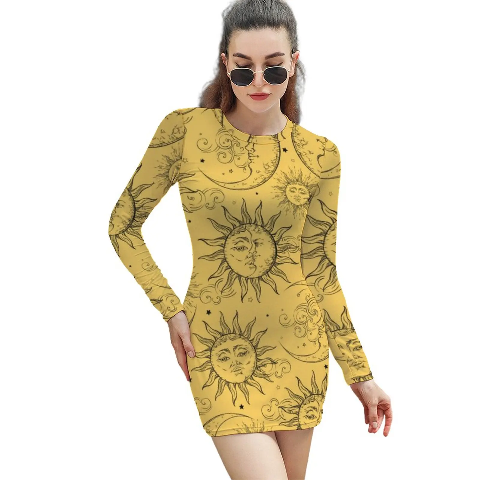 

Vintage Celestial Sun Dress Long Sleeve Yellow Magic Moon Stars Vintage Dresses Autumn Woman Aesthetic Printed Bodycon Dress 2XL