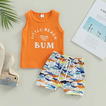 2023-05-06 Lioraitiin 0-3Years Toddler Boys 2Pcs Summer Outfits Sleeveless Letter Print Tank Tops Shark Print Shorts Set 1