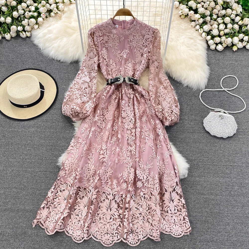 Merchall Fashion Runway Autumn Long Mesh Dress Women's Round Neck Puff Sleeve Sashes Floral Embroidery Vintage Party Dress M6785