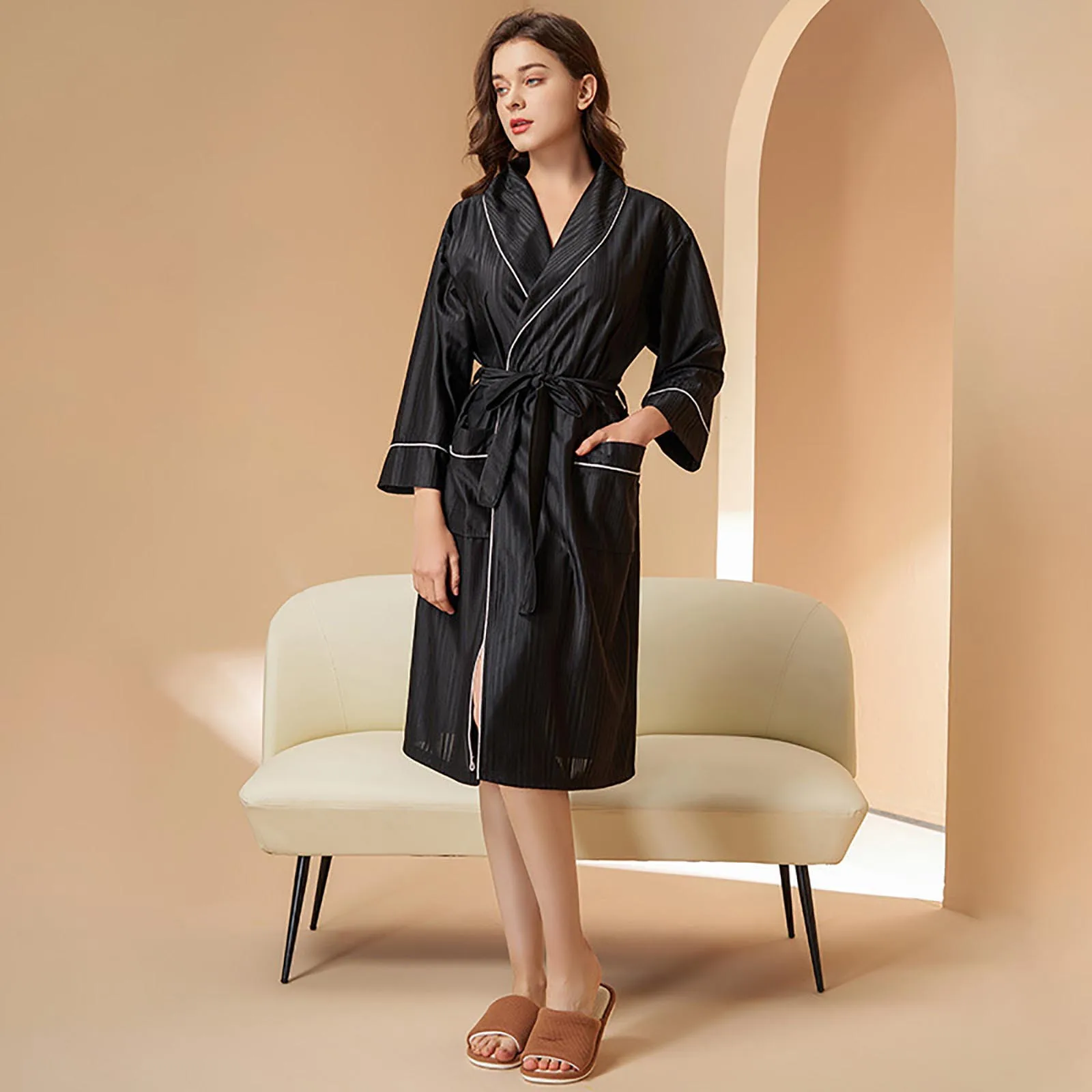 

Women's Solid Color Autumn Elegant Casual Thin Couple Bathrobe Medium Length Pajamas Bathrobe Pajamas