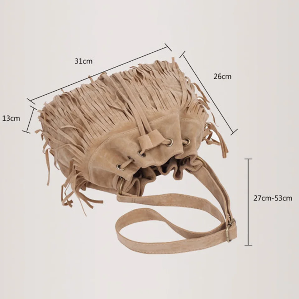 Women'S Bag New Vintage Frosted Tassel Bucket Bag High Quality Women'S Shoulder Bag Youth Girls Drawstring Underarm Bag M897