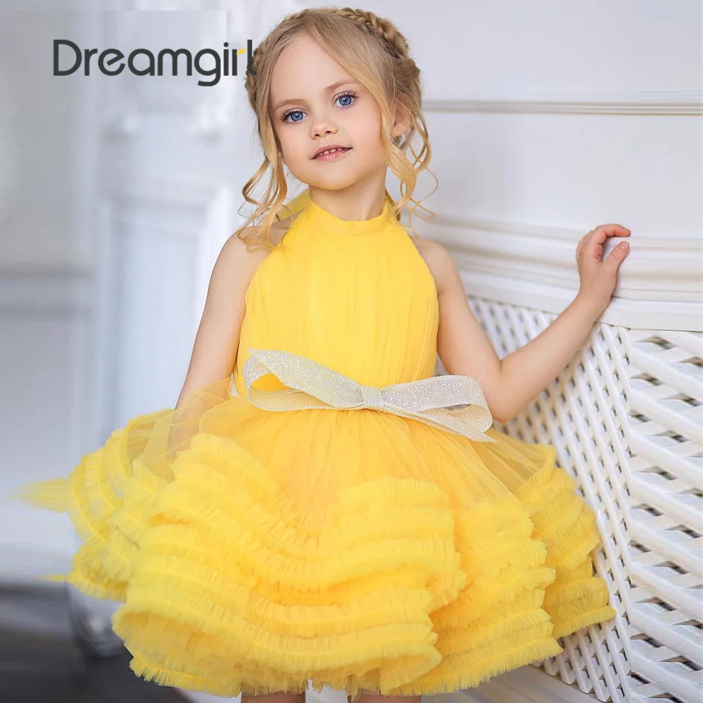 

Желтое Пышное милое Тюлевое платье принцессы с многослойным бантом на день рождения детское платье для первого причастия с цветами для очень Вечерние
