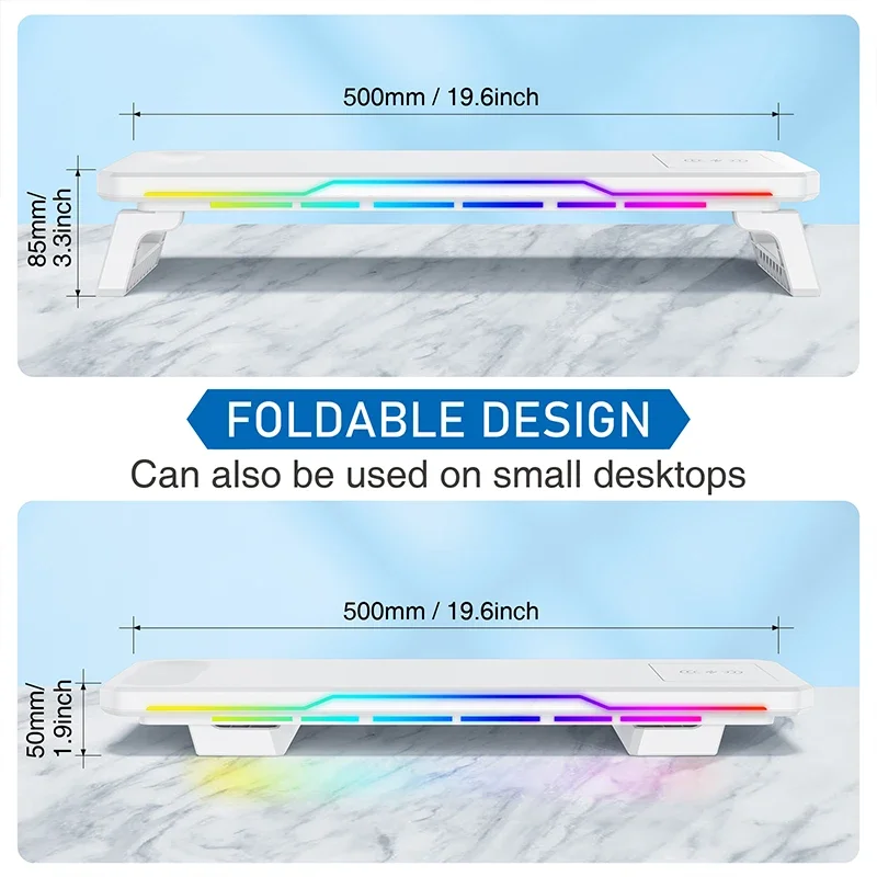 Фото Перезаряжаемая подставка для настольного монитора с эффектом RGB, 3 порта USB 2.0, универсальная стойка для хранения ноутбука с беспроводной зарядкой №4